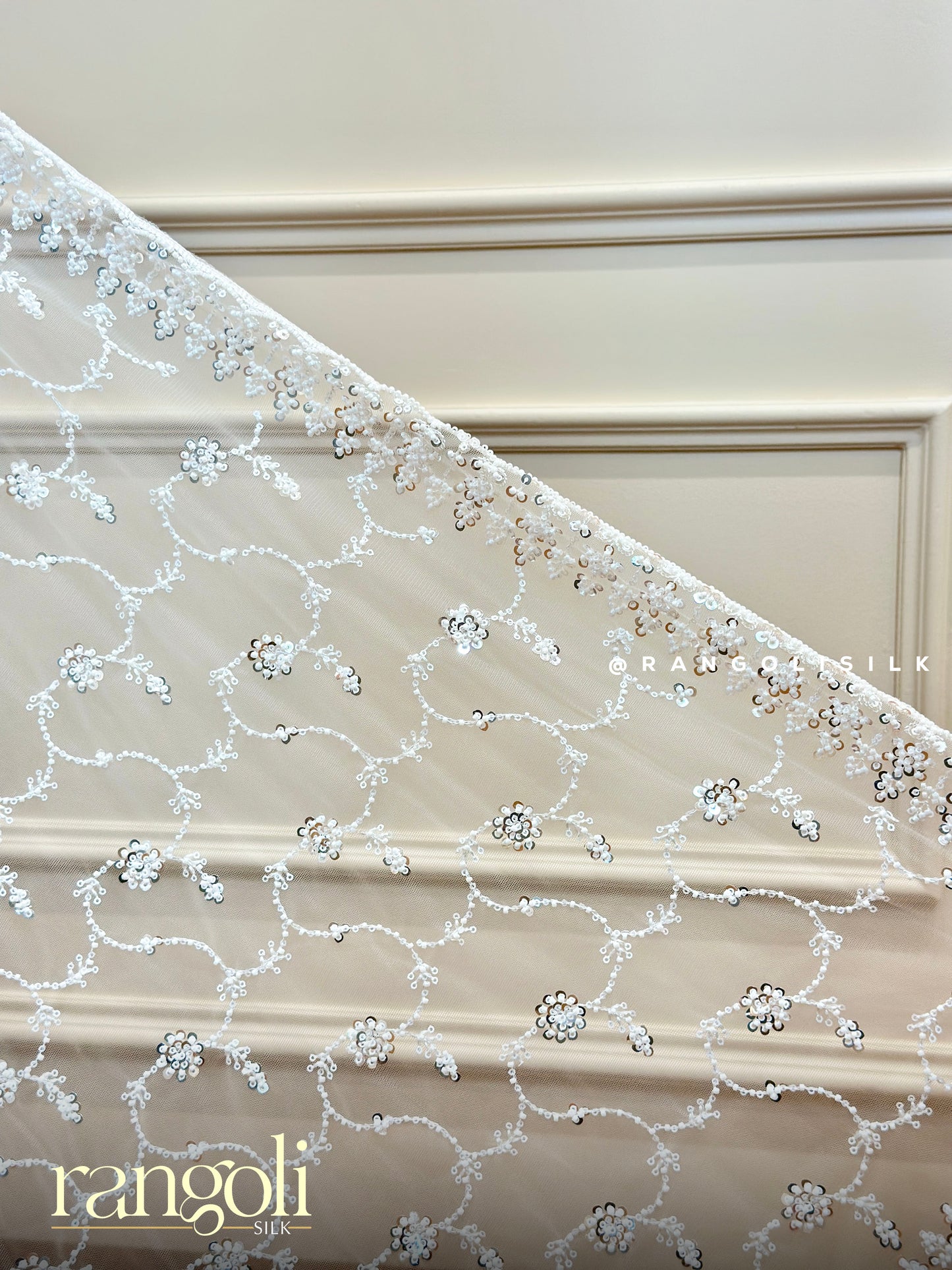 Pearl White Designer Netted Saree with Floral Sequins & Scalloped Border - Post 678