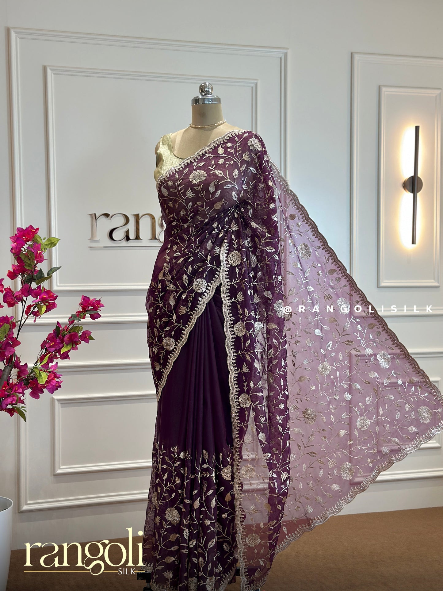 Designer Saree in Regal Jewel Tones with Floral Embroidery & Scallop Border - Post 459