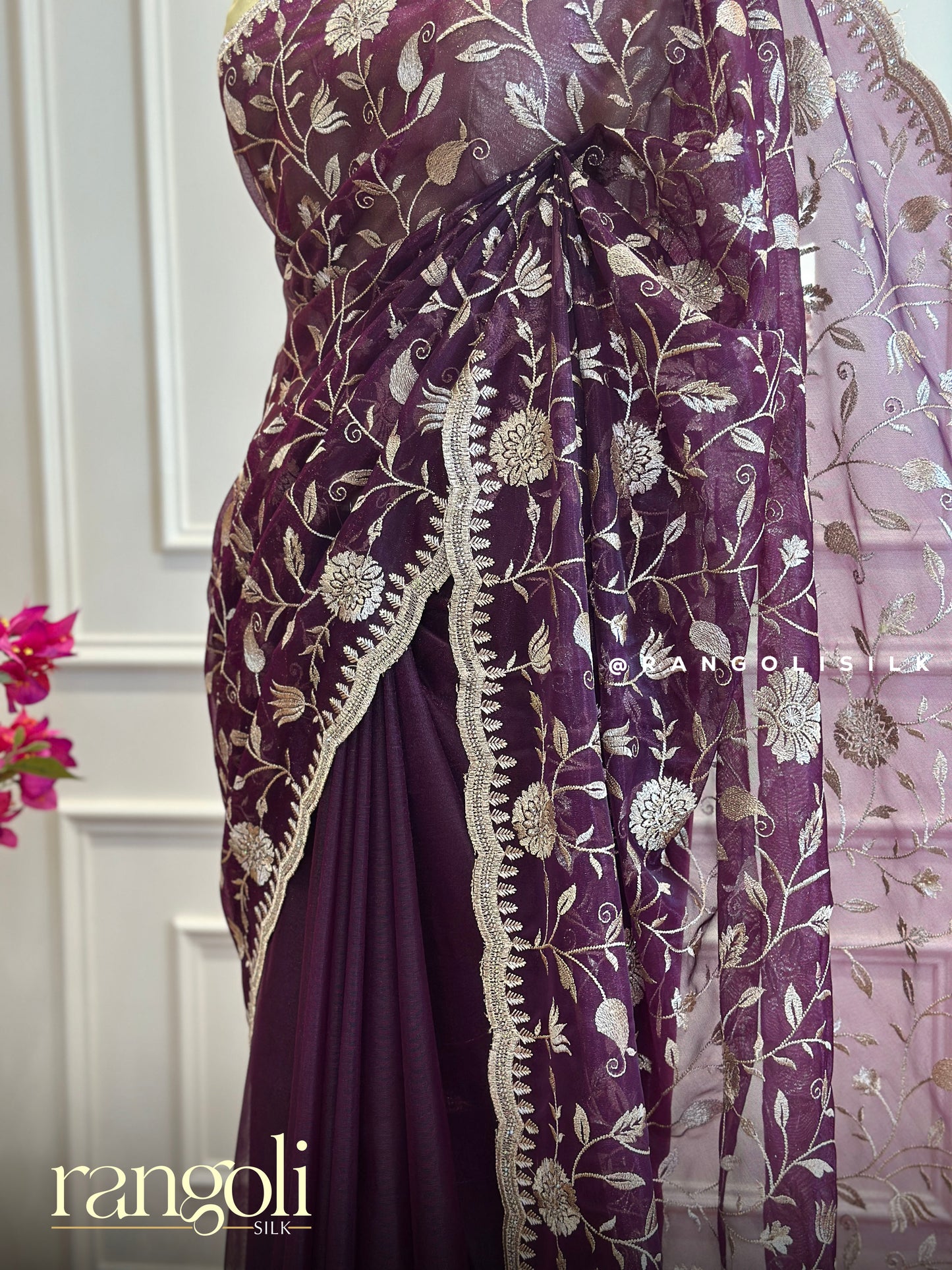 Designer Saree in Regal Jewel Tones with Floral Embroidery & Scallop Border - Post 459