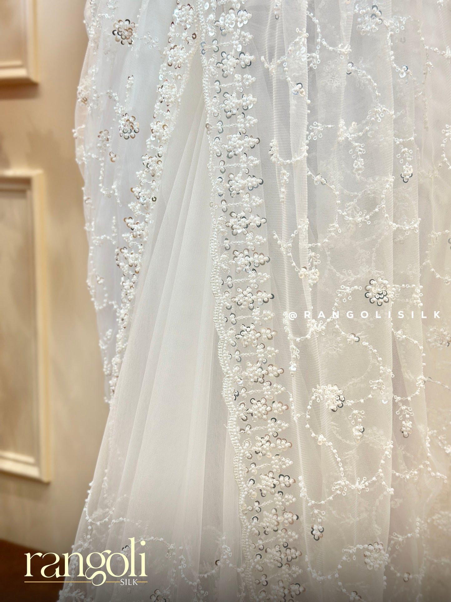 Pearl White Designer Netted Saree with Floral Sequins & Scalloped Border - Post 678