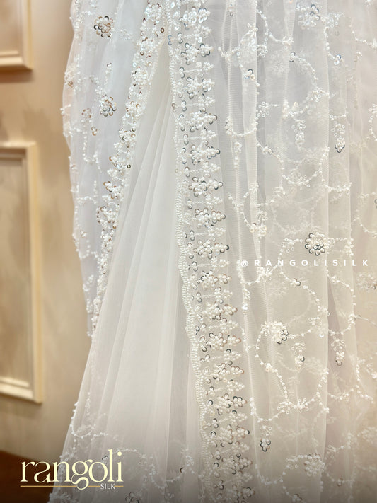 Pearl White Designer Netted Saree with Floral Sequins & Scalloped Border - Post 678