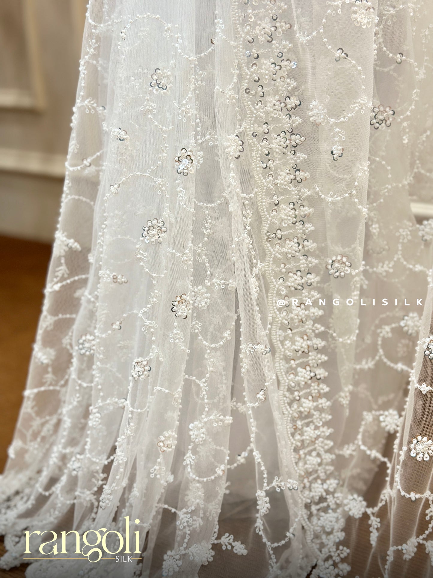 Pearl White Designer Netted Saree with Floral Sequins & Scalloped Border - Post 678