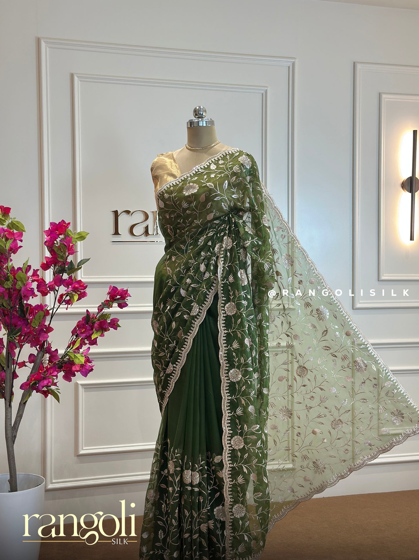 Designer Saree in Regal Jewel Tones with Floral Embroidery & Scallop Border - Post 459