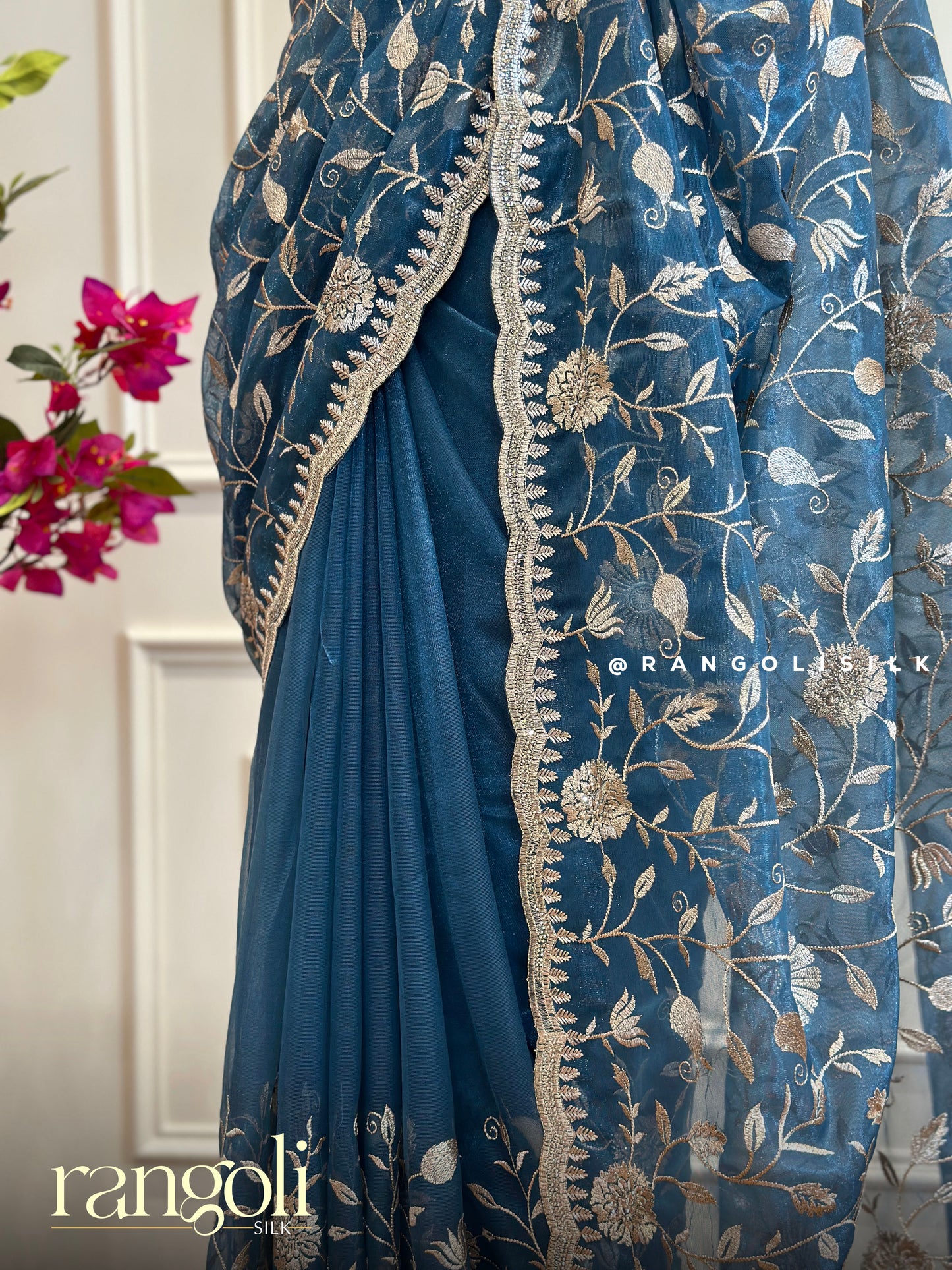 Designer Saree in Regal Jewel Tones with Floral Embroidery & Scallop Border - Post 459