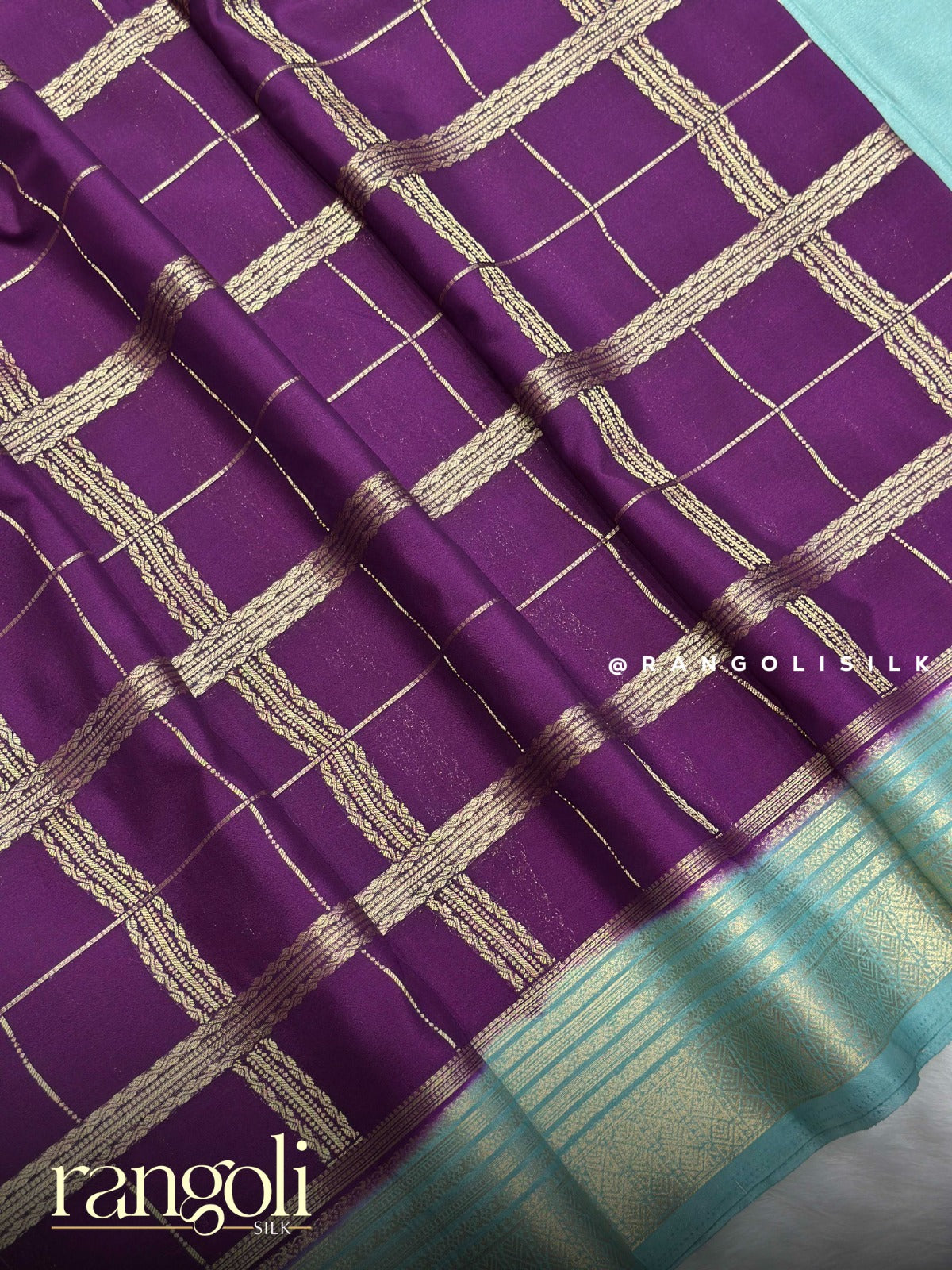 Semi Mysore Silk Saree with Contrast Border & Classic Checks - Post 938