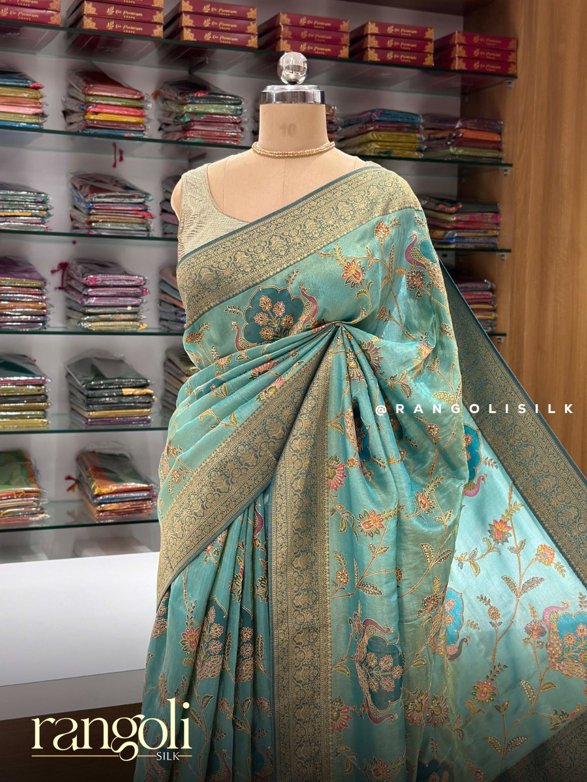 Blue Green Banaras Tissue Mix Silk Saree with Gold Zari Weave - Post 939