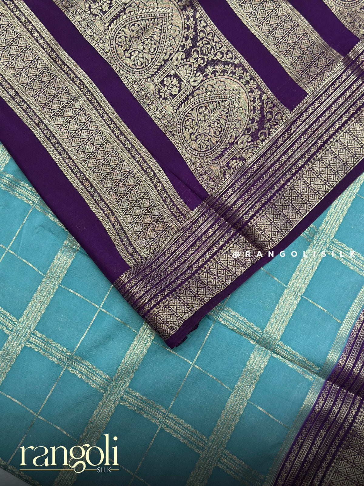 Semi Mysore Silk Saree with Contrast Border & Classic Checks - Post 938