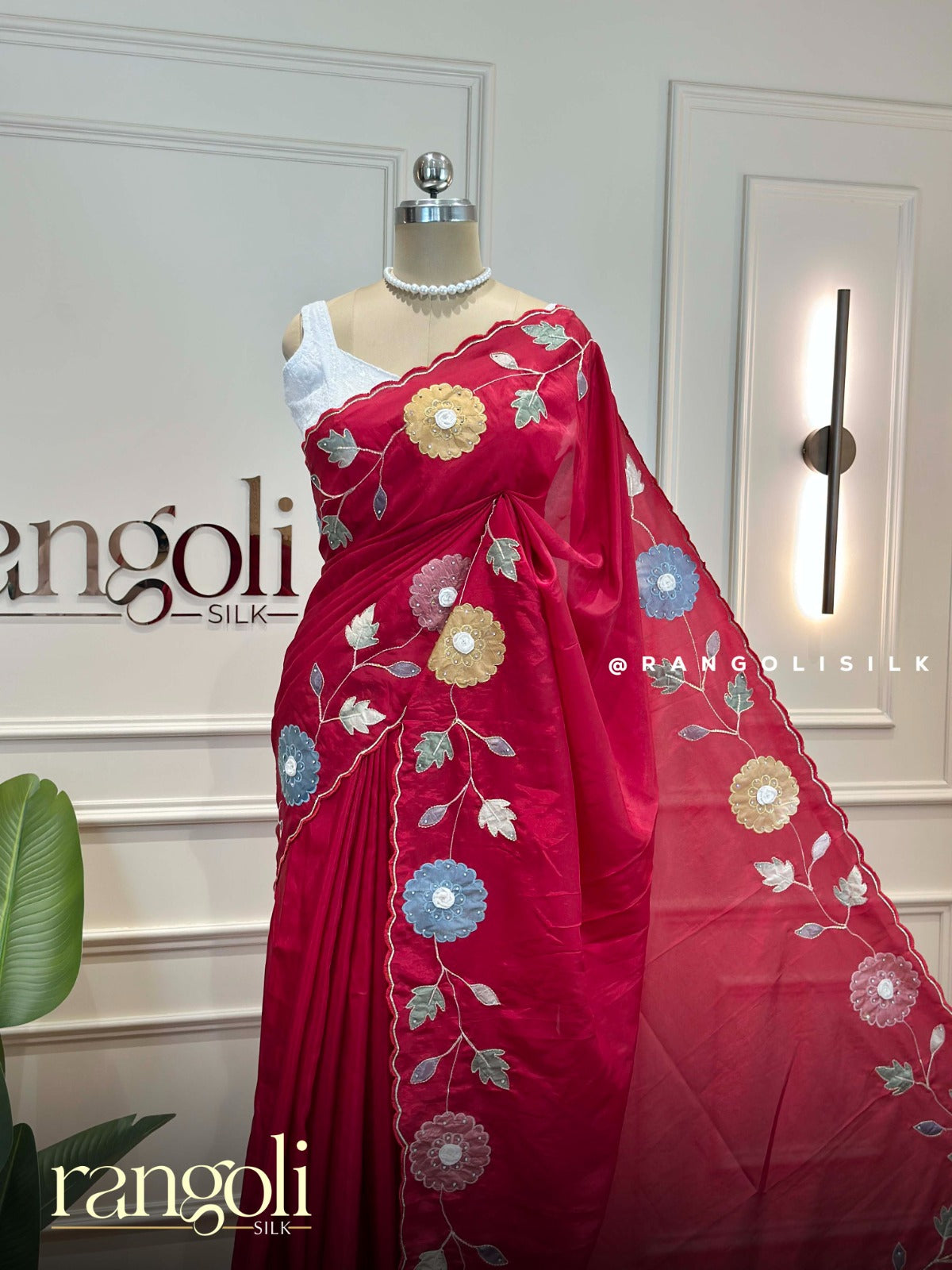 Designer Red Saree with Multicolor Floral Embroidery & Scalloped Border - Post 936