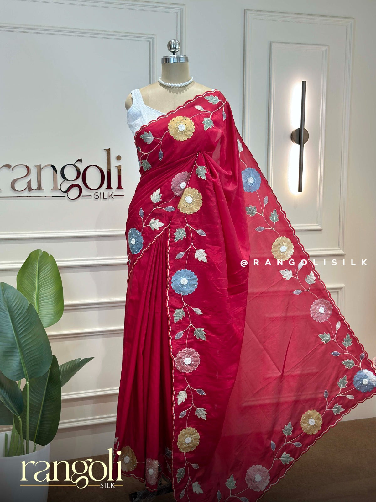 Designer Red Saree with Multicolor Floral Embroidery & Scalloped Border - Post 936