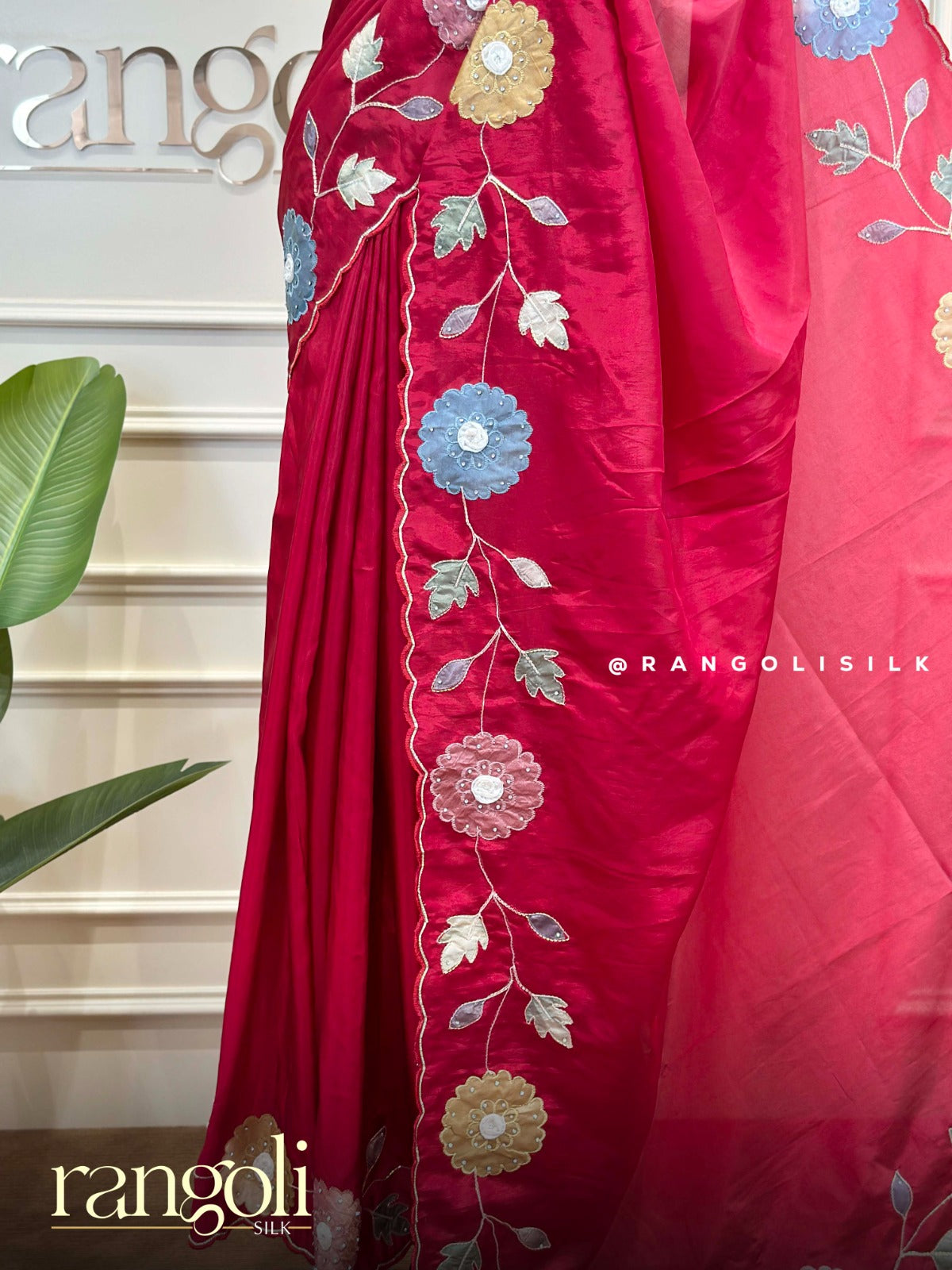 Designer Red Saree with Multicolor Floral Embroidery & Scalloped Border - Post 936