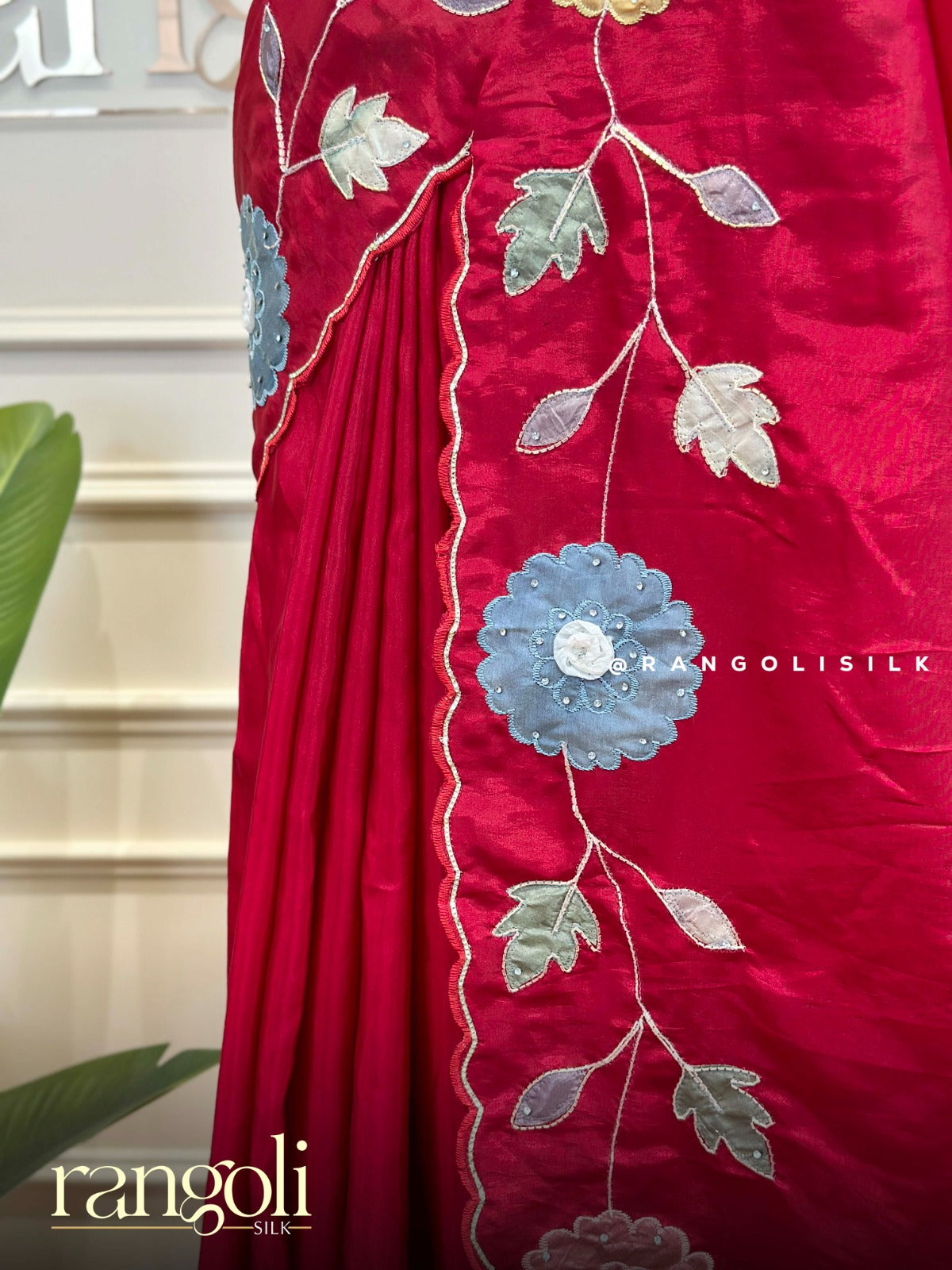 Designer Red Saree with Multicolor Floral Embroidery & Scalloped Border - Post 936