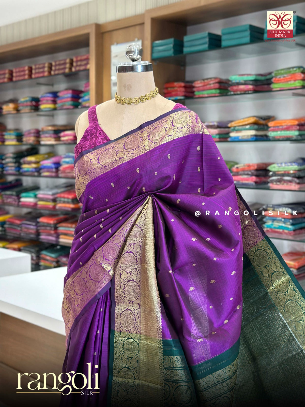 Silk Mark Certified Pure Kanjivaram Silk Saree in Royal Purple with Teal Green Zari Pallu - Post 933