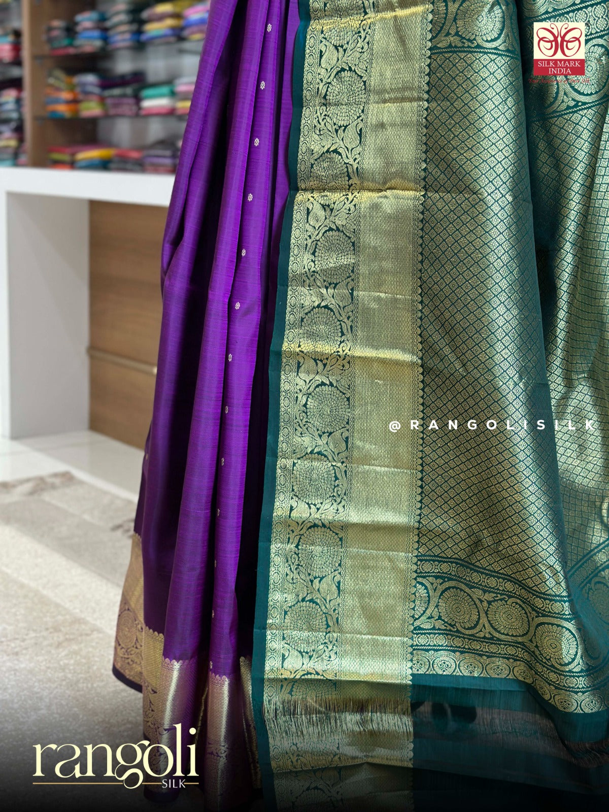 Silk Mark Certified Pure Kanjivaram Silk Saree in Royal Purple with Teal Green Zari Pallu - Post 933