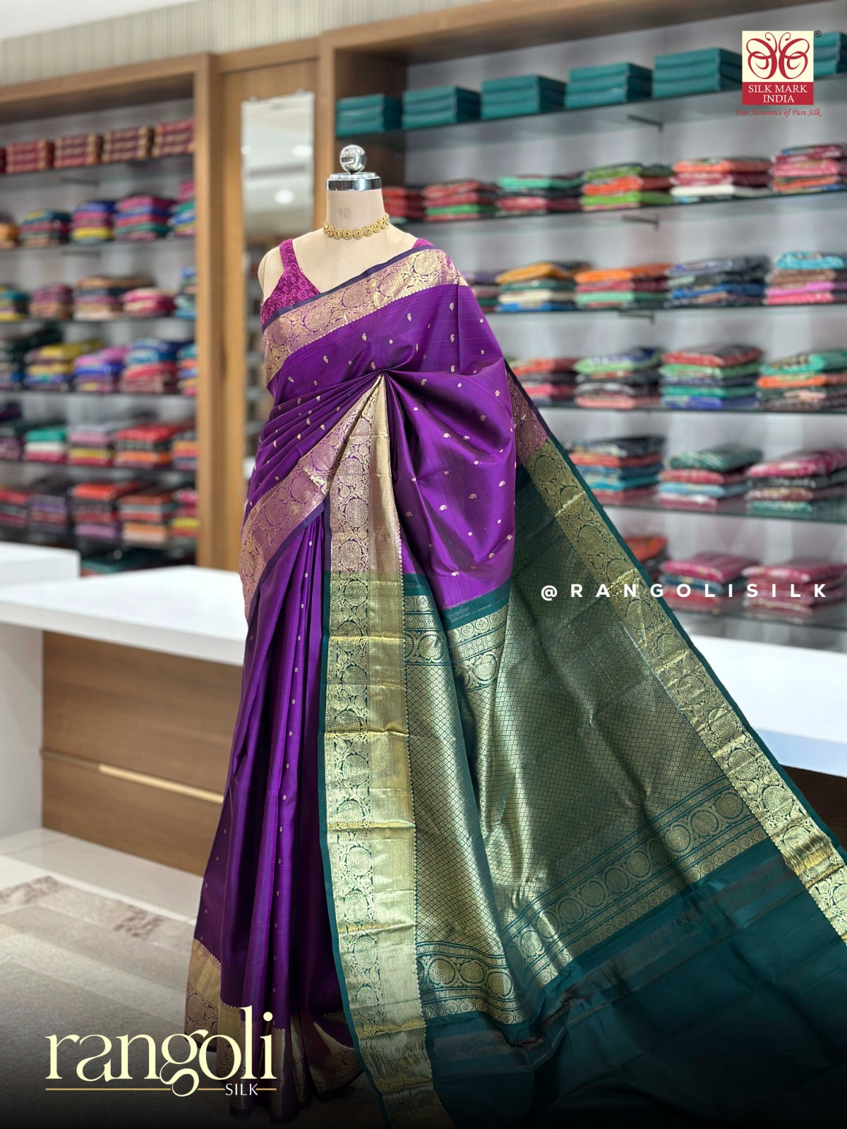 Silk Mark Certified Pure Kanjivaram Silk Saree in Royal Purple with Teal Green Zari Pallu - Post 933