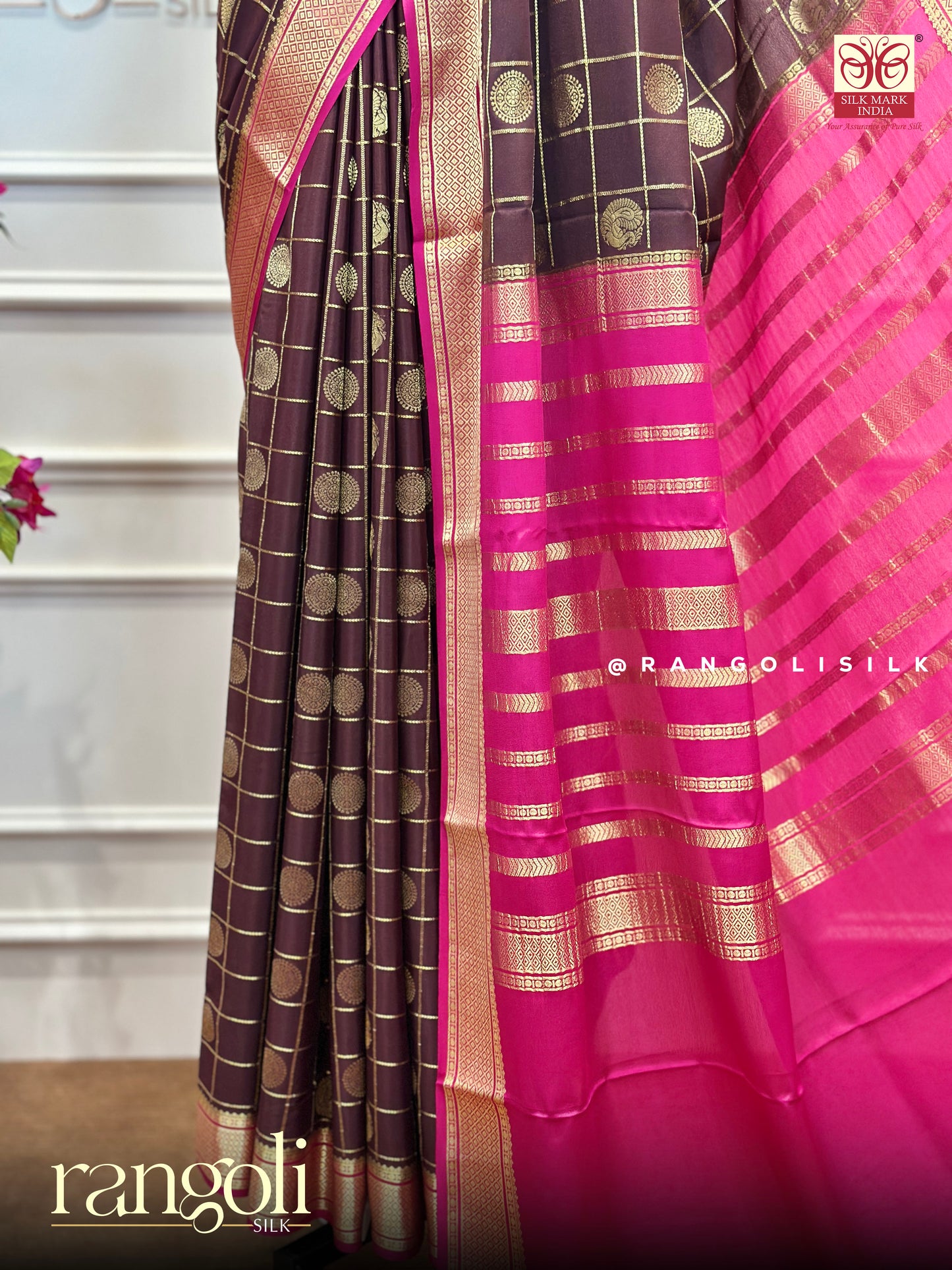 Pure Mysore Crepe Silk Saree in Deep Plum Purple with Rani Pink Pallu - Silk Mark Certified - Post 951