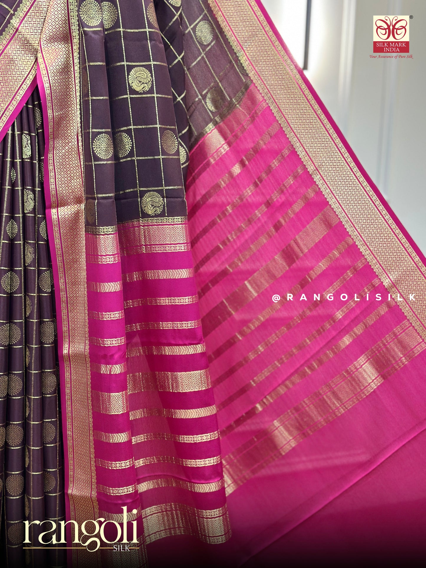 Pure Mysore Crepe Silk Saree in Deep Plum Purple with Rani Pink Pallu - Silk Mark Certified - Post 951